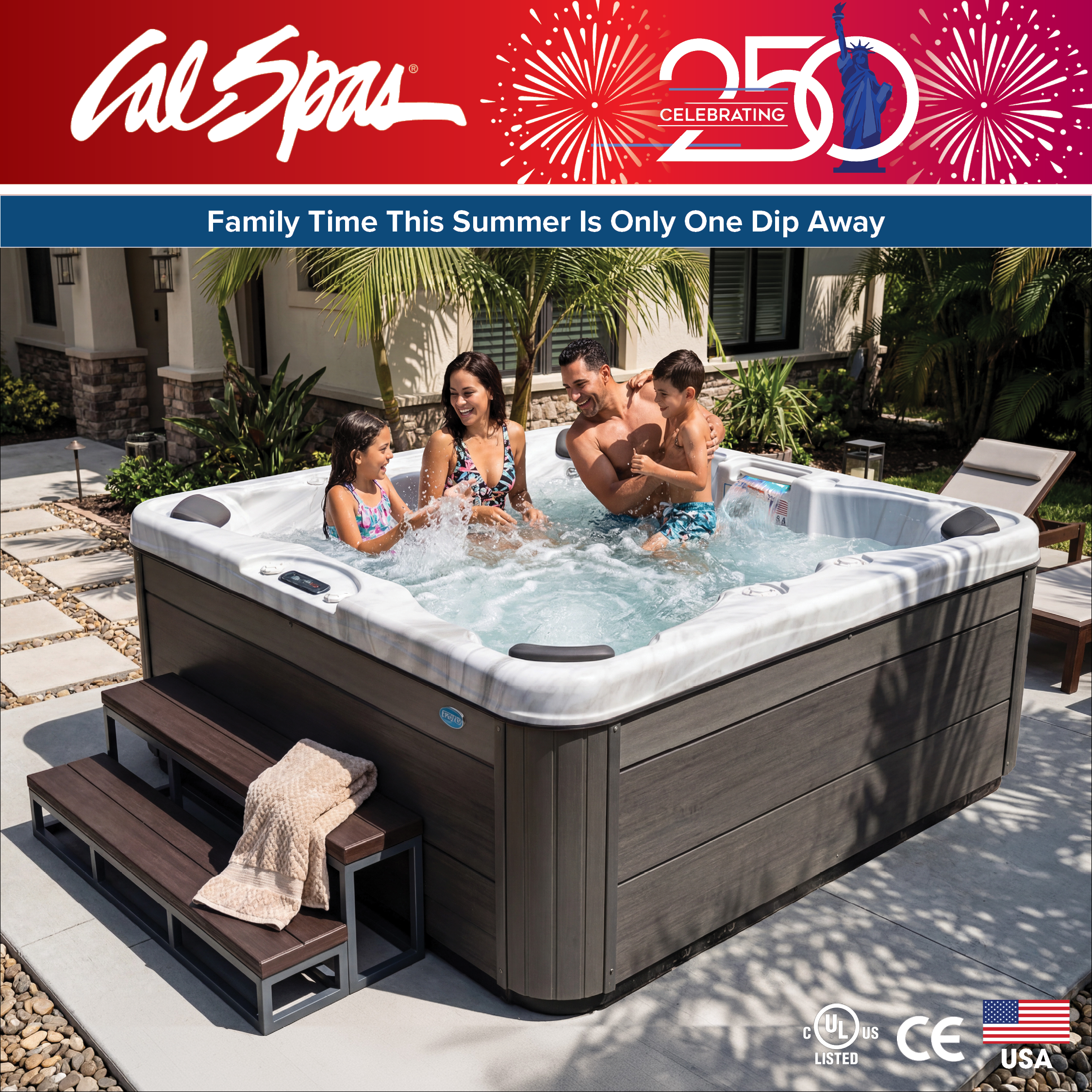 Calspas hot tub being used in a family setting - Camphill